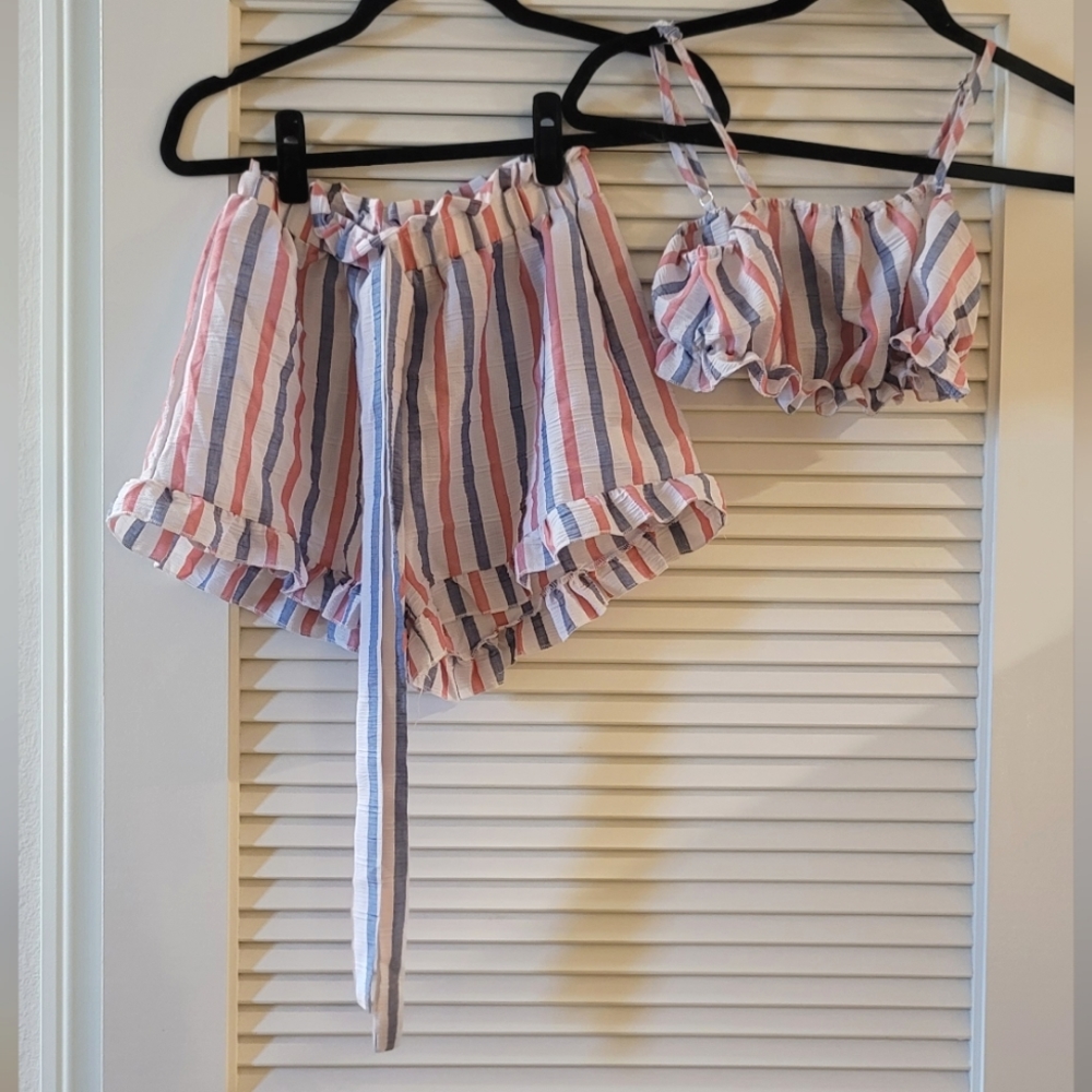 Zaful- Red/White/Blue Striped Ruffle Two-Piece Short & Top Set